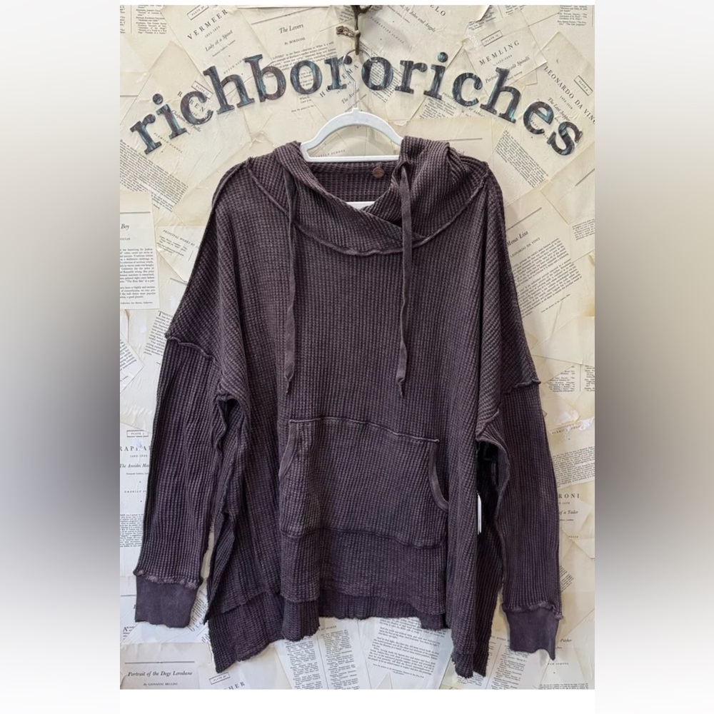 Free People One Gannet Hoodie Waffle Knit Front Pocket Side Slits Brown - Picture 4 of 9